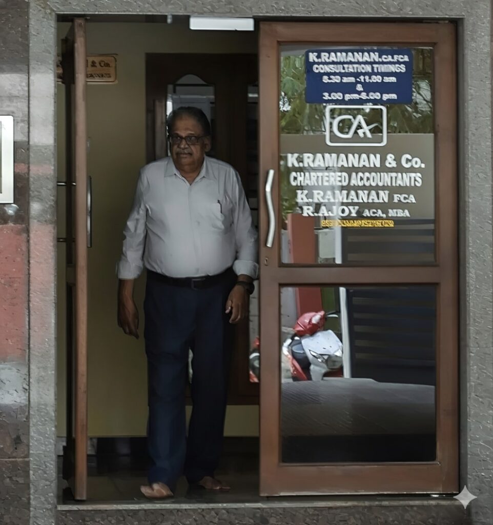 An older man, late Ramanan Krishnamurthy, stands barefoot in the open doorway of the K. Ramanan & Co Chartered Accountants office, with the firm’s name and CA logo printed on the glass door and a scooter reflected in the lower glass panel